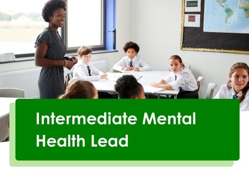 Image shows a teacher with primary age pupils in a UK classroom. Text shows the course structure of the Intermediate Mental Health Lead training